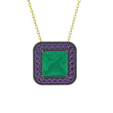 Esinti Kare Kolye - Kök zümrüt ve ametist 925 ayar siyah rodyum kaplama gümüş kolye (40 cm altın rolo zincir) #48ji5n