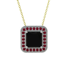 Esinti Kare Kolye - Siyah zirkon ve kök yakut 925 ayar gümüş kolye (40 cm altın rolo zincir) #4ey7ot