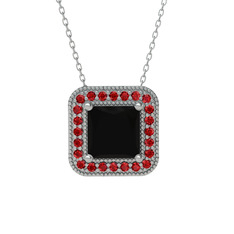 Siyah zirkon ve garnet 8 ayar beyaz altın kolye (40 cm beyaz altın rolo zincir)