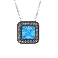 Esinti Kare Kolye - Akuamarin ve swarovski 925 ayar siyah rodyum kaplama gümüş kolye (40 cm gümüş rolo zincir) #5d3ofm