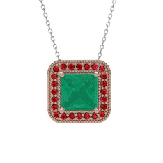 Esinti Kare Kolye - Kök zümrüt ve garnet 18 ayar rose altın kolye (40 cm beyaz altın rolo zincir) #6b24e6