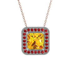 Esinti Kare Kolye - Sitrin ve garnet 18 ayar beyaz altın kolye (40 cm rose altın rolo zincir) #6zmf9b