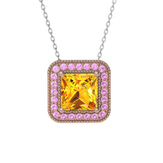 Esinti Kare Kolye - Sitrin ve pembe kuvars 8 ayar rose altın kolye (40 cm beyaz altın rolo zincir) #7ceat1