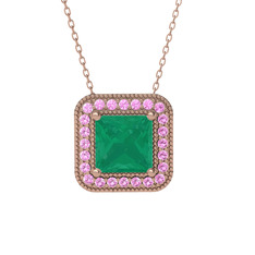 Esinti Kare Kolye - Kök zümrüt ve pembe kuvars 14 ayar rose altın kolye (40 cm rose altın rolo zincir) #7iyq2l
