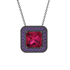 Esinti Kare Kolye - Rodolit garnet ve ametist 925 ayar siyah rodyum kaplama gümüş kolye (40 cm gümüş rolo zincir) #7mc2c0