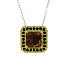 Dumanlı kuvars ve siyah zirkon 18 ayar altın kolye (40 cm rose altın rolo zincir)