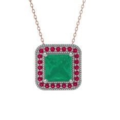 Esinti Kare Kolye - Kök zümrüt ve rodolit garnet 14 ayar beyaz altın kolye (40 cm rose altın rolo zincir) #7w97jy