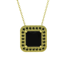 Esinti Kare Kolye - Siyah zirkon ve peridot 925 ayar altın kaplama gümüş kolye (40 cm altın rolo zincir) #813bgk