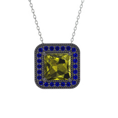 Peridot ve lab safir 925 ayar siyah rodyum kaplama gümüş kolye (40 cm beyaz altın rolo zincir)