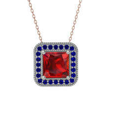 Esinti Kare Kolye - Garnet ve lab safir 14 ayar beyaz altın kolye (40 cm rose altın rolo zincir) #8o2bq2