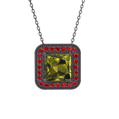 Esinti Kare Kolye - Peridot ve garnet 925 ayar siyah rodyum kaplama gümüş kolye (40 cm gümüş rolo zincir) #8r6ra3