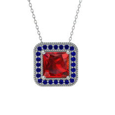Garnet ve lab safir 925 ayar gümüş kolye (40 cm beyaz altın rolo zincir)