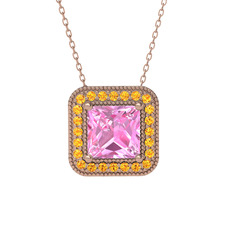 Esinti Kare Kolye - Pembe kuvars ve sitrin 8 ayar rose altın kolye (40 cm rose altın rolo zincir) #99tfl