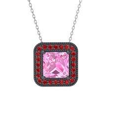 Esinti Kare Kolye - Pembe kuvars ve garnet 925 ayar siyah rodyum kaplama gümüş kolye (40 cm gümüş rolo zincir) #9t1ny5
