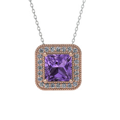 Ametist ve pırlanta 18 ayar rose altın kolye (0.264 karat, 40 cm beyaz altın rolo zincir)