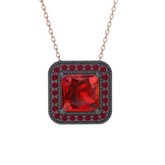 Esinti Kare Kolye - Garnet ve kök yakut 925 ayar siyah rodyum kaplama gümüş kolye (40 cm rose altın rolo zincir) #9x4jiq