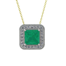 Kök zümrüt ve pırlanta 18 ayar beyaz altın kolye (0.264 karat, 40 cm gümüş rolo zincir)