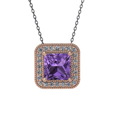 Esinti Kare Kolye - Ametist ve beyaz zirkon 925 ayar rose altın kaplama gümüş kolye (40 cm gümüş rolo zincir) #avjsyt