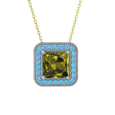 Peridot ve akuamarin 8 ayar beyaz altın kolye (40 cm altın rolo zincir)
