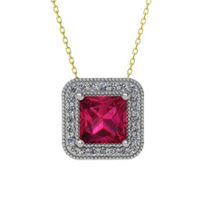 Esinti Kare Kolye - Rodolit garnet ve pırlanta 8 ayar beyaz altın kolye (0.264 karat, 40 cm altın rolo zincir) #az6pcy
