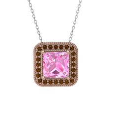 Esinti Kare Kolye - Pembe kuvars ve dumanlı kuvars 18 ayar rose altın kolye (40 cm beyaz altın rolo zincir) #azfs16