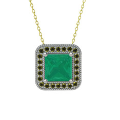 Esinti Kare Kolye - Kök zümrüt ve peridot 18 ayar beyaz altın kolye (40 cm gümüş rolo zincir) #b8m26l