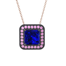 Lab safir ve pembe kuvars 925 ayar siyah rodyum kaplama gümüş kolye (40 cm gümüş rolo zincir)