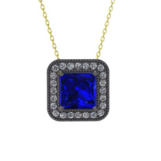 Esinti Kare Kolye - Lab safir ve swarovski 925 ayar siyah rodyum kaplama gümüş kolye (40 cm gümüş rolo zincir) #bq4apy