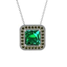 Yeşil kuvars ve peridot 18 ayar beyaz altın kolye (40 cm beyaz altın rolo zincir)