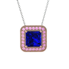 Lab safir ve pembe kuvars 8 ayar rose altın kolye (40 cm beyaz altın rolo zincir)