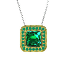 Esinti Kare Kolye - Yeşil kuvars ve kök zümrüt 8 ayar altın kolye (40 cm beyaz altın rolo zincir) #cc4bd7