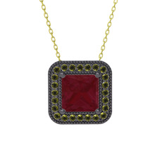 Esinti Kare Kolye - Kök yakut ve peridot 925 ayar siyah rodyum kaplama gümüş kolye (40 cm altın rolo zincir) #ccgrfo