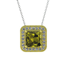 Peridot ve beyaz zirkon 14 ayar altın kolye (40 cm beyaz altın rolo zincir)