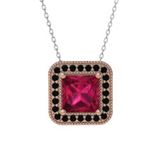Esinti Kare Kolye - Rodolit garnet ve siyah zirkon 14 ayar rose altın kolye (40 cm gümüş rolo zincir) #d1bxgm