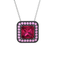 Esinti Kare Kolye - Rodolit garnet ve pembe kuvars 925 ayar siyah rodyum kaplama gümüş kolye (40 cm gümüş rolo zincir) #d2r5iy