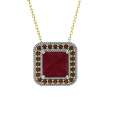 Esinti Kare Kolye - Kök yakut ve dumanlı kuvars 8 ayar beyaz altın kolye (40 cm altın rolo zincir) #d33jo1