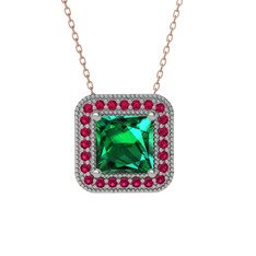 Yeşil kuvars ve rodolit garnet 18 ayar beyaz altın kolye (40 cm rose altın rolo zincir)
