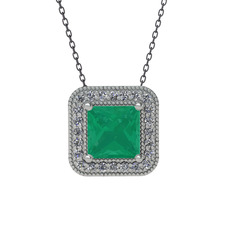 Esinti Kare Kolye - Kök zümrüt ve pırlanta 14 ayar beyaz altın kolye (0.264 karat, 40 cm gümüş rolo zincir) #e2ftor