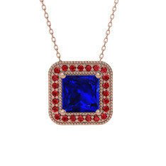 Esinti Kare Kolye - Lab safir ve garnet 8 ayar rose altın kolye (40 cm rose altın rolo zincir) #eqxs29