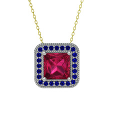 Rodolit garnet ve lab safir 18 ayar beyaz altın kolye (40 cm gümüş rolo zincir)