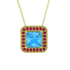 Esinti Kare Kolye - Akuamarin ve rodolit garnet 14 ayar altın kolye (40 cm altın rolo zincir) #ew4h2z