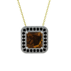 Dumanlı kuvars ve siyah zirkon 8 ayar beyaz altın kolye (40 cm altın rolo zincir)