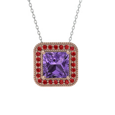Ametist ve garnet 925 ayar rose altın kaplama gümüş kolye (40 cm beyaz altın rolo zincir)