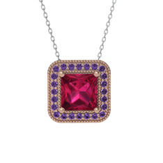 Esinti Kare Kolye - Rodolit garnet ve ametist 8 ayar rose altın kolye (40 cm beyaz altın rolo zincir) #fbeyie