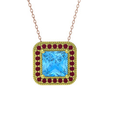 Esinti Kare Kolye - Akuamarin ve kök yakut 18 ayar altın kolye (40 cm rose altın rolo zincir) #fd61r6