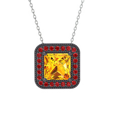 Esinti Kare Kolye - Sitrin ve garnet 925 ayar siyah rodyum kaplama gümüş kolye (40 cm gümüş rolo zincir) #fl9z9r