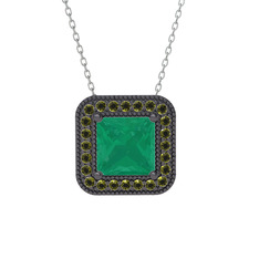 Esinti Kare Kolye - Kök zümrüt ve peridot 925 ayar siyah rodyum kaplama gümüş kolye (40 cm beyaz altın rolo zincir) #fvinr0