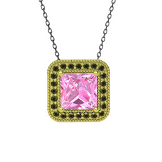 Esinti Kare Kolye - Pembe kuvars ve peridot 8 ayar altın kolye (40 cm gümüş rolo zincir) #g0afj1