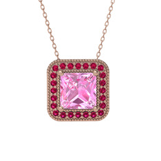 Esinti Kare Kolye - Pembe kuvars ve rodolit garnet 8 ayar rose altın kolye (40 cm rose altın rolo zincir) #g3a42d
