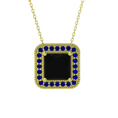 Esinti Kare Kolye - Siyah zirkon ve lab safir 14 ayar altın kolye (40 cm altın rolo zincir) #g9paha